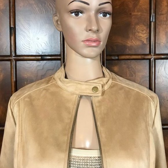 Curations Honey Beige Faux Suede Studded Zip Sleeve Jacket - Picture 9 of 16